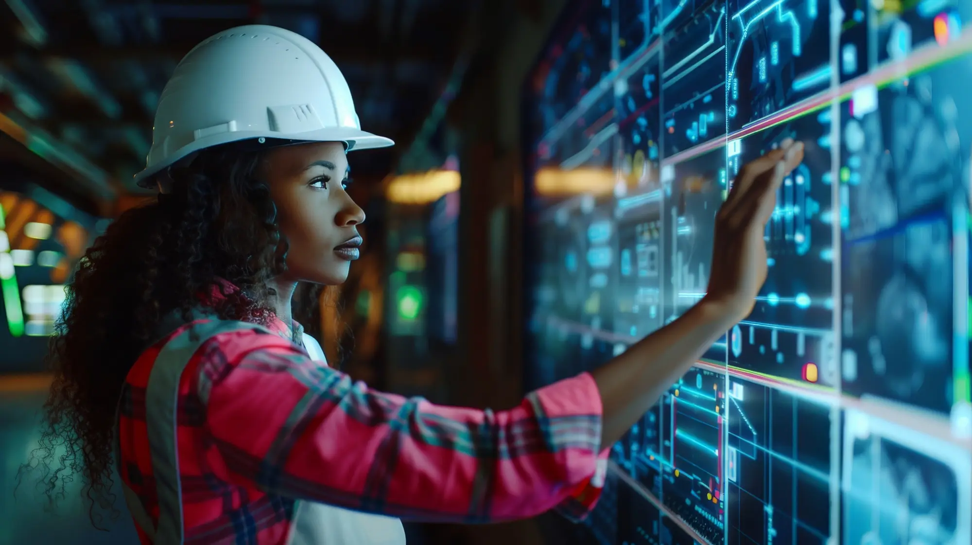 Engineer reviewing power monitoring data on a digital wall display