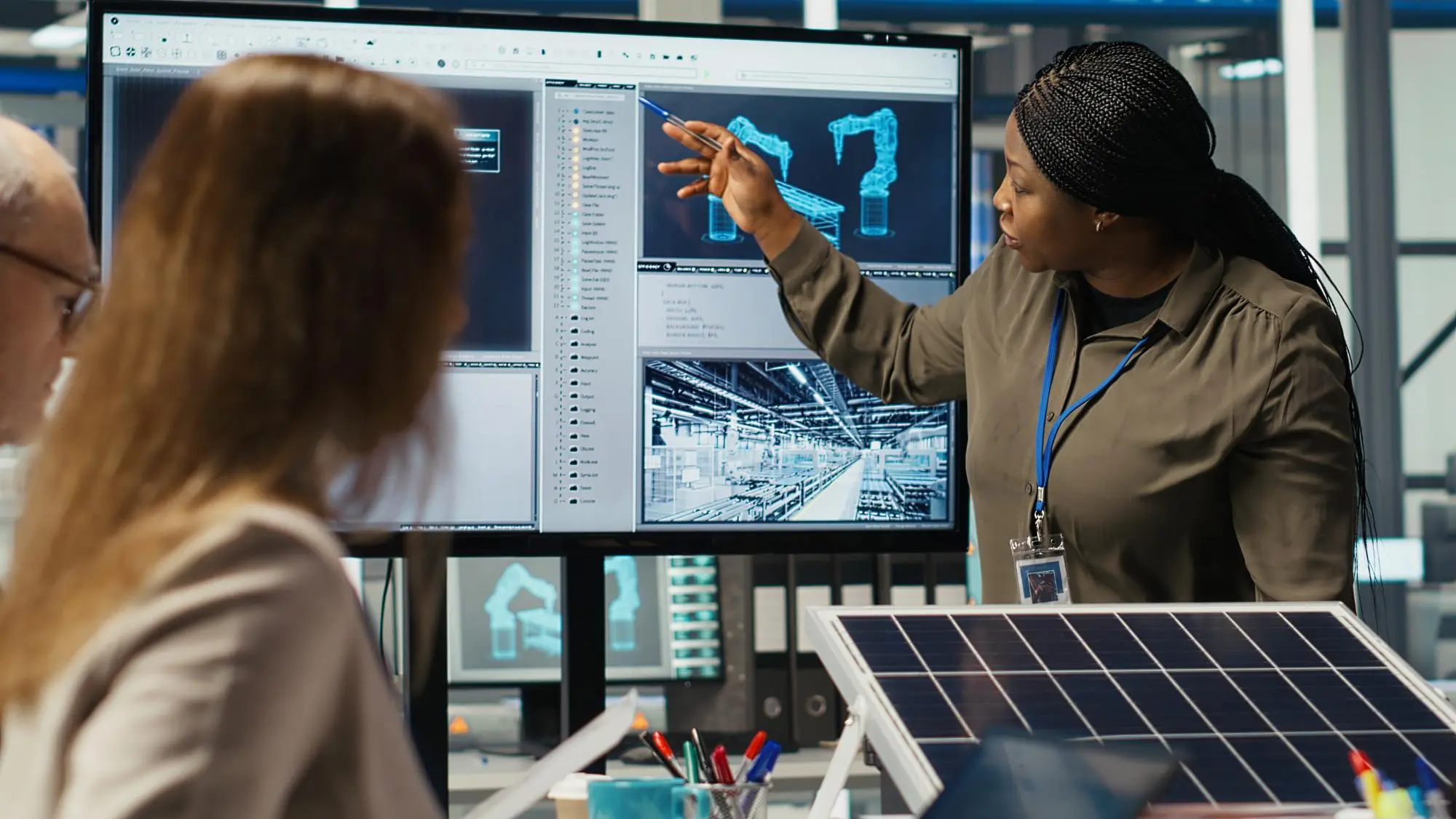 Team reviewing solar panel data on office monitors